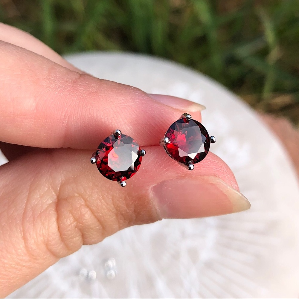 Elegant Red Garnet Stud Earrings || White Gold Plated